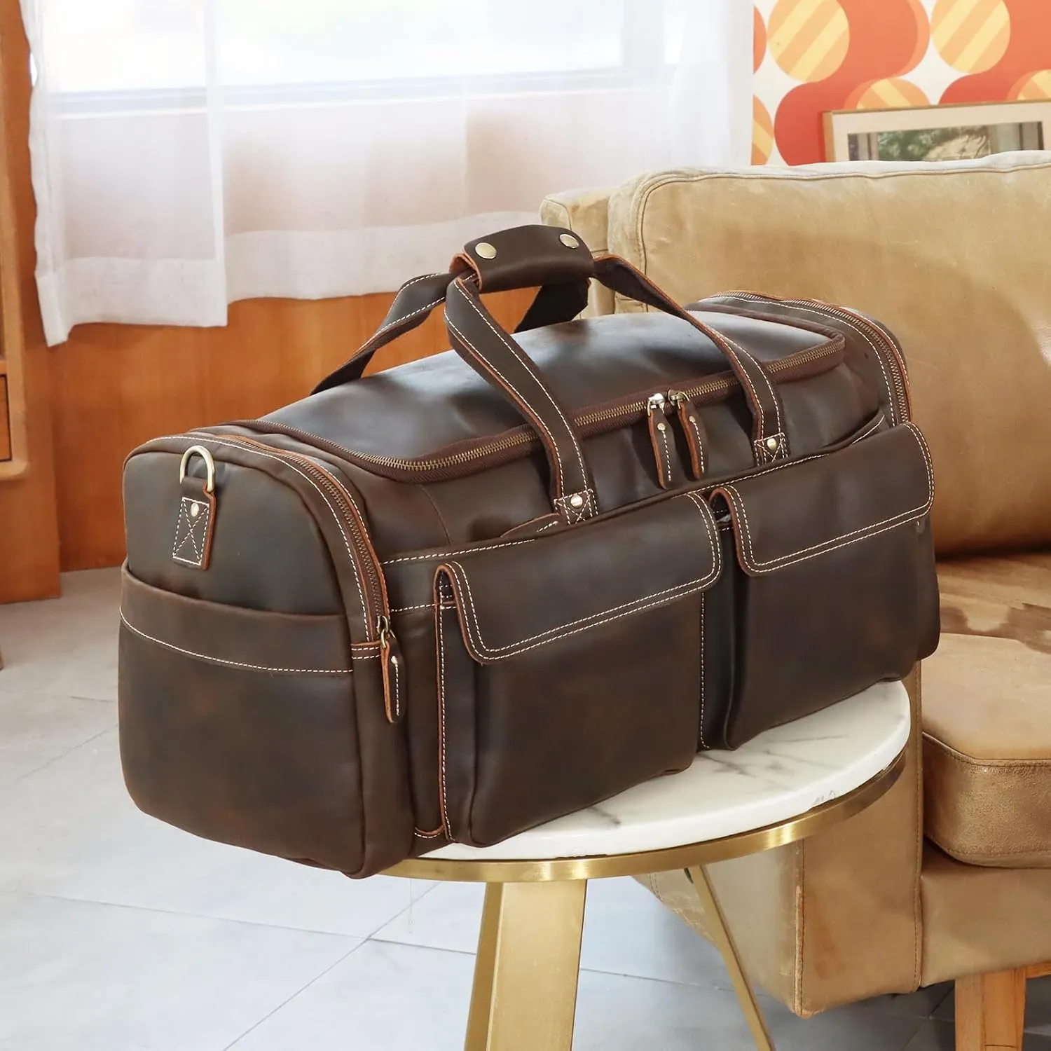 Polare 23" Duffel Retro Thick Full Grain Cowhide Leather Gym Weekender Overnight Luggage Bag 42L