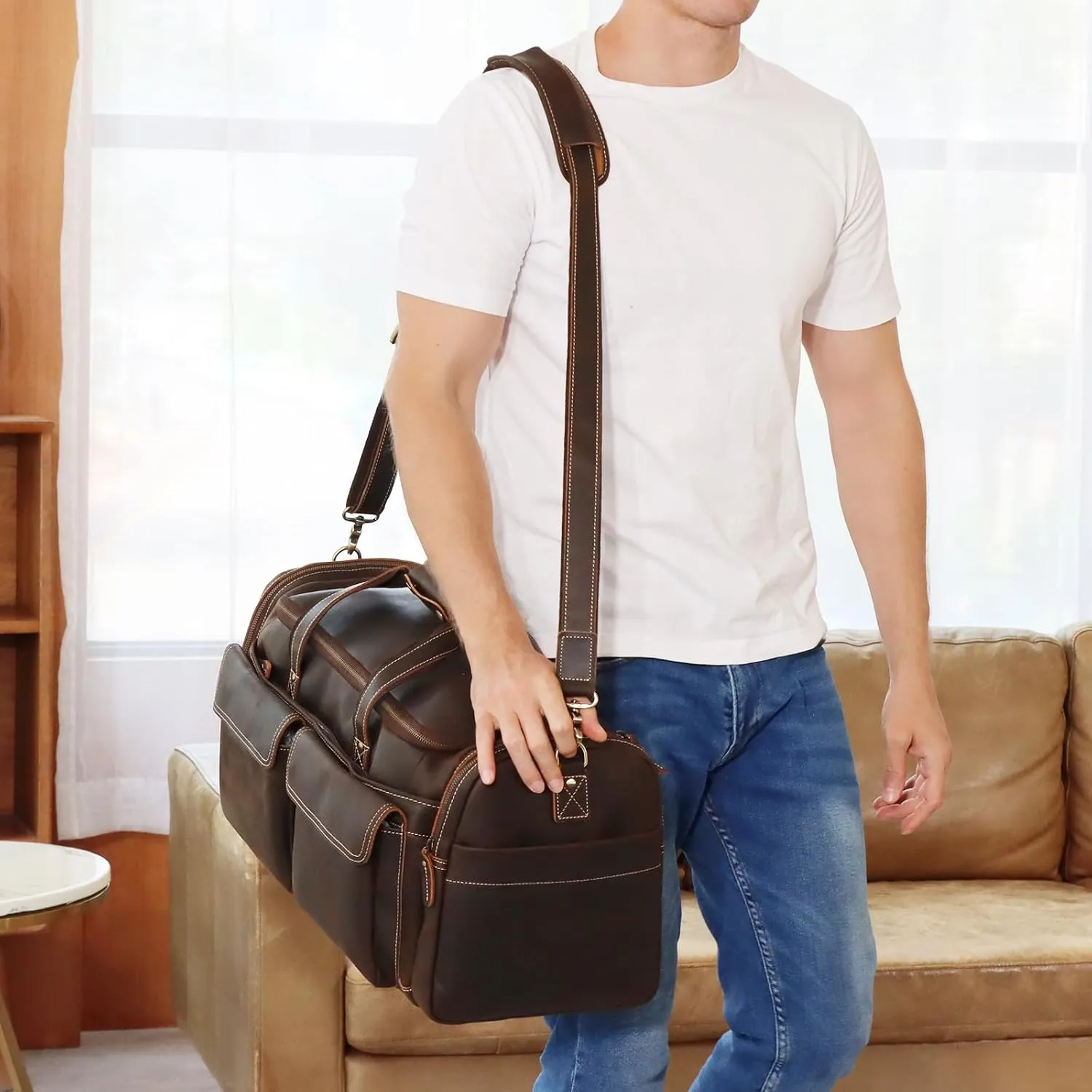 Polare 23" Duffel Retro Thick Full Grain Cowhide Leather Gym Weekender Overnight Luggage Bag 42L
