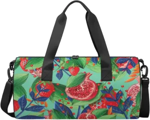 Pomegranate Strawberry Sports Gym Bag Workout Lightweight Duffel Bags Shoulder Weekender Bag Travel Duffel Bag for Men and Women(Green Leaves)