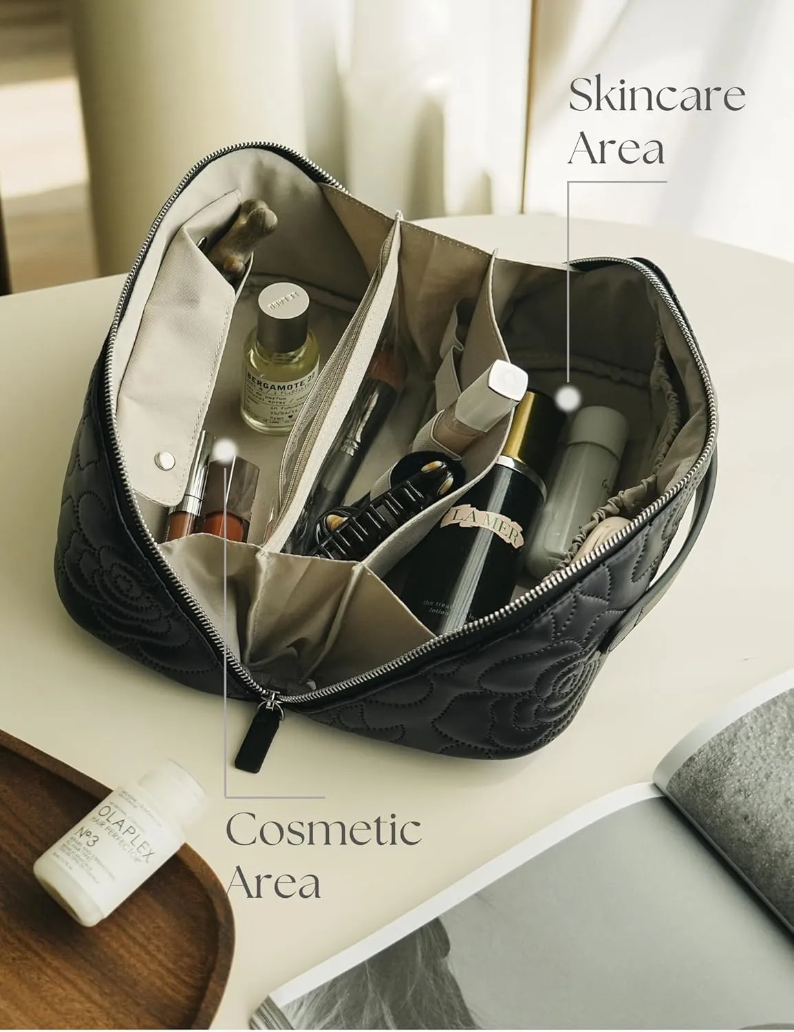 Popvibe Open Flat Makeup Bag Travel Cosmetic Case for Women, Large Capacity Toiletry Travel Bag with Zipper, Portable Aesthetic Floral Make Up Organizer Pouch with Dividers & Handle, Black, Large