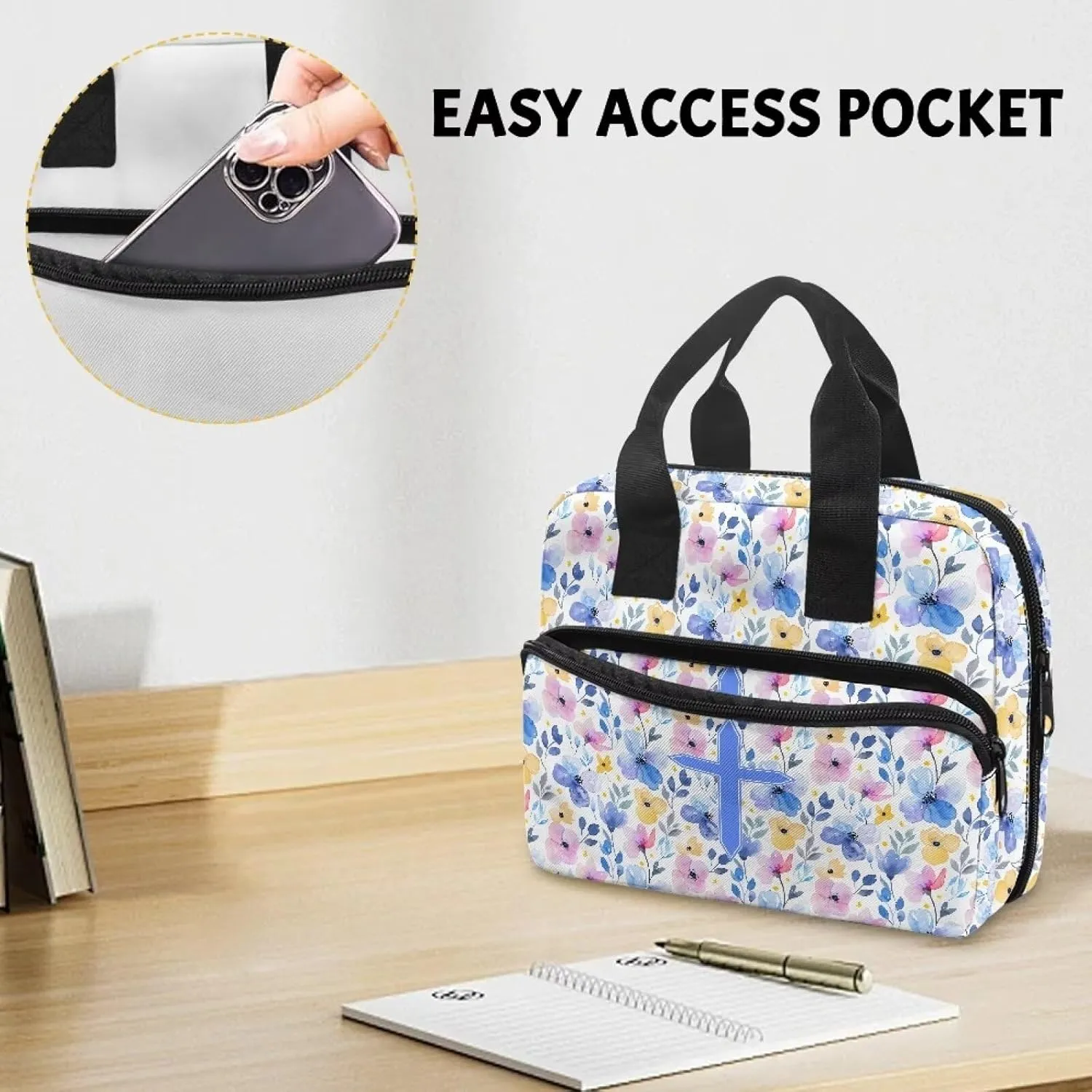 Portable Bible Bag for Women Men with Multi-Pocket Bible Carrying Case Church Bible Protective Bag for Worship or Bible Study, Blue Cross Floral Leaves Pattern