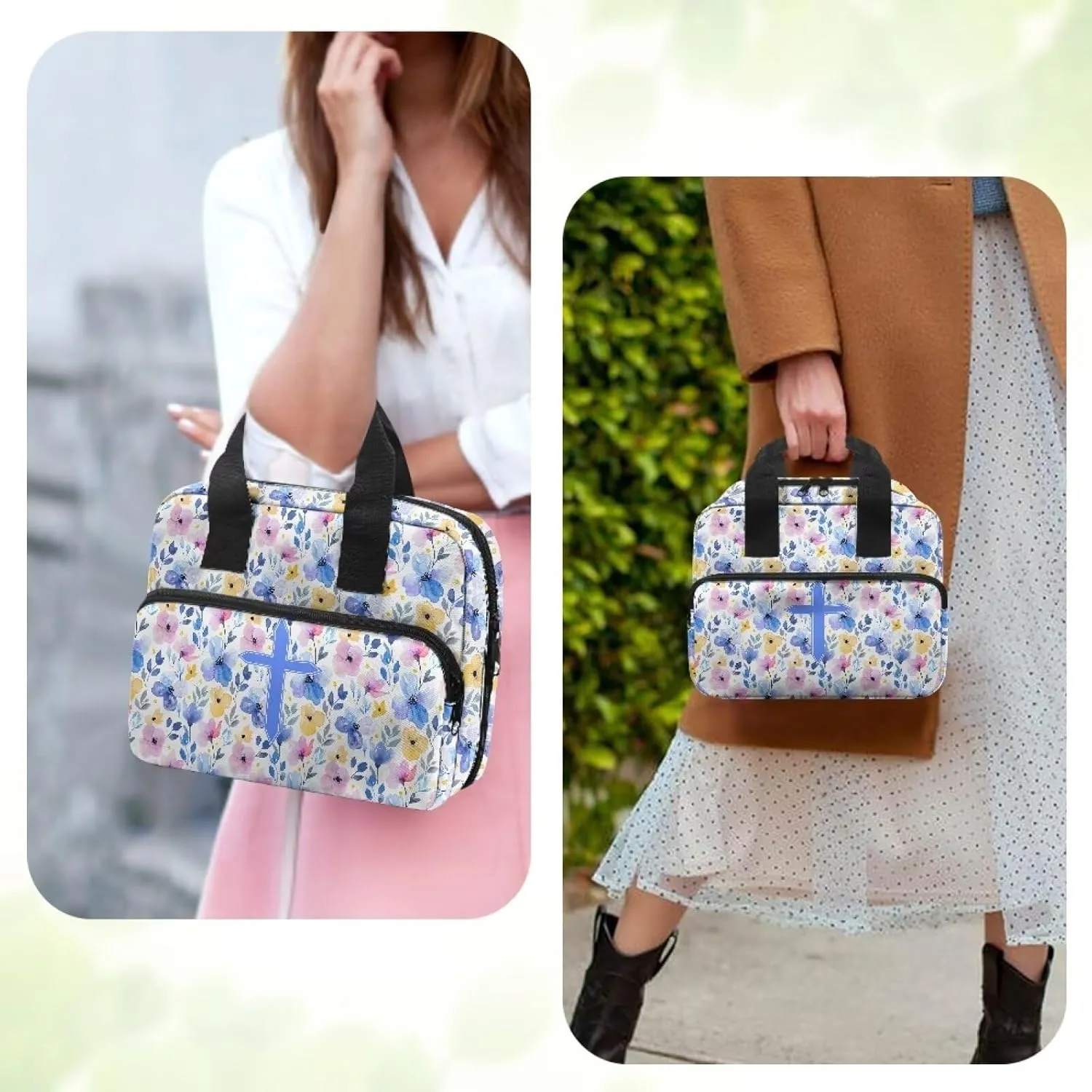 Portable Bible Bag for Women Men with Multi-Pocket Bible Carrying Case Church Bible Protective Bag for Worship or Bible Study, Blue Cross Floral Leaves Pattern