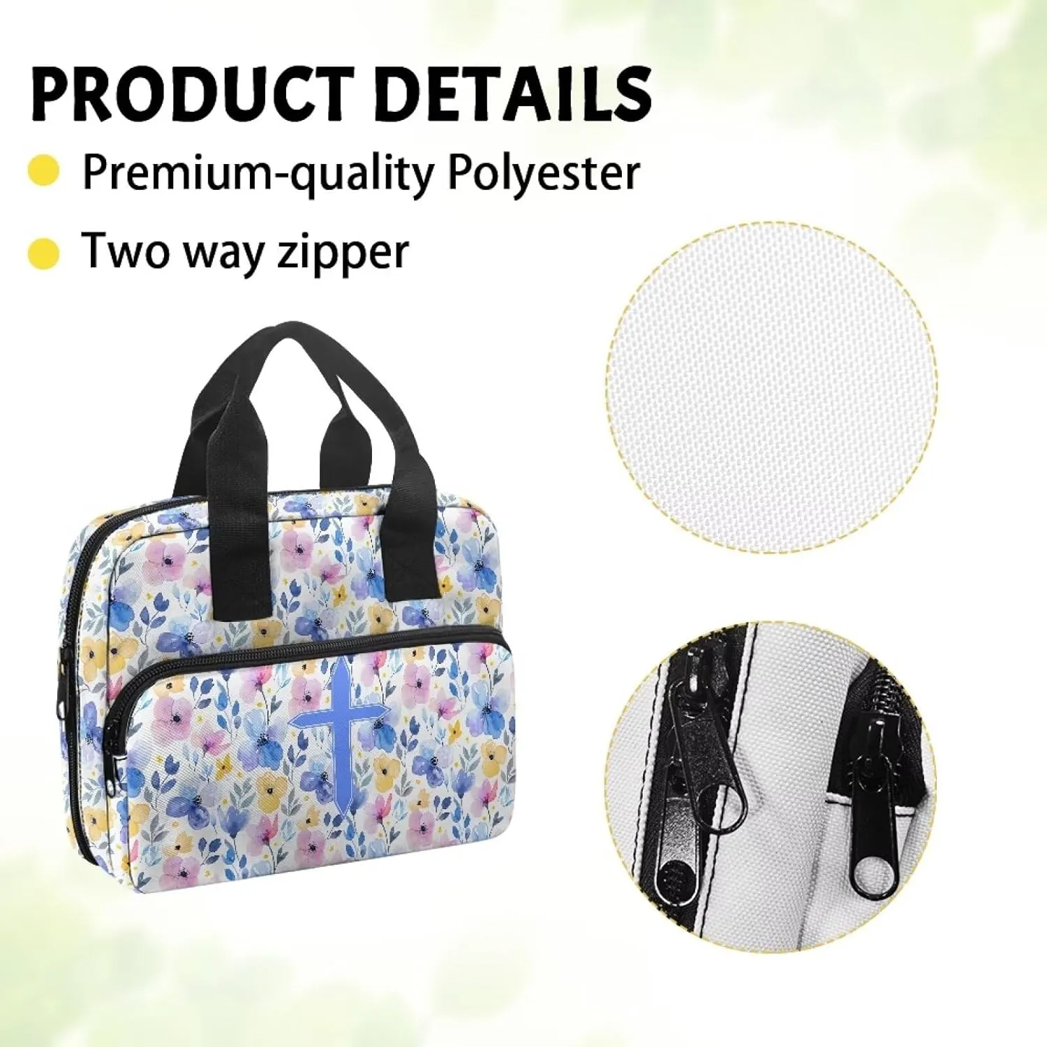 Portable Bible Bag for Women Men with Multi-Pocket Bible Carrying Case Church Bible Protective Bag for Worship or Bible Study, Blue Cross Floral Leaves Pattern