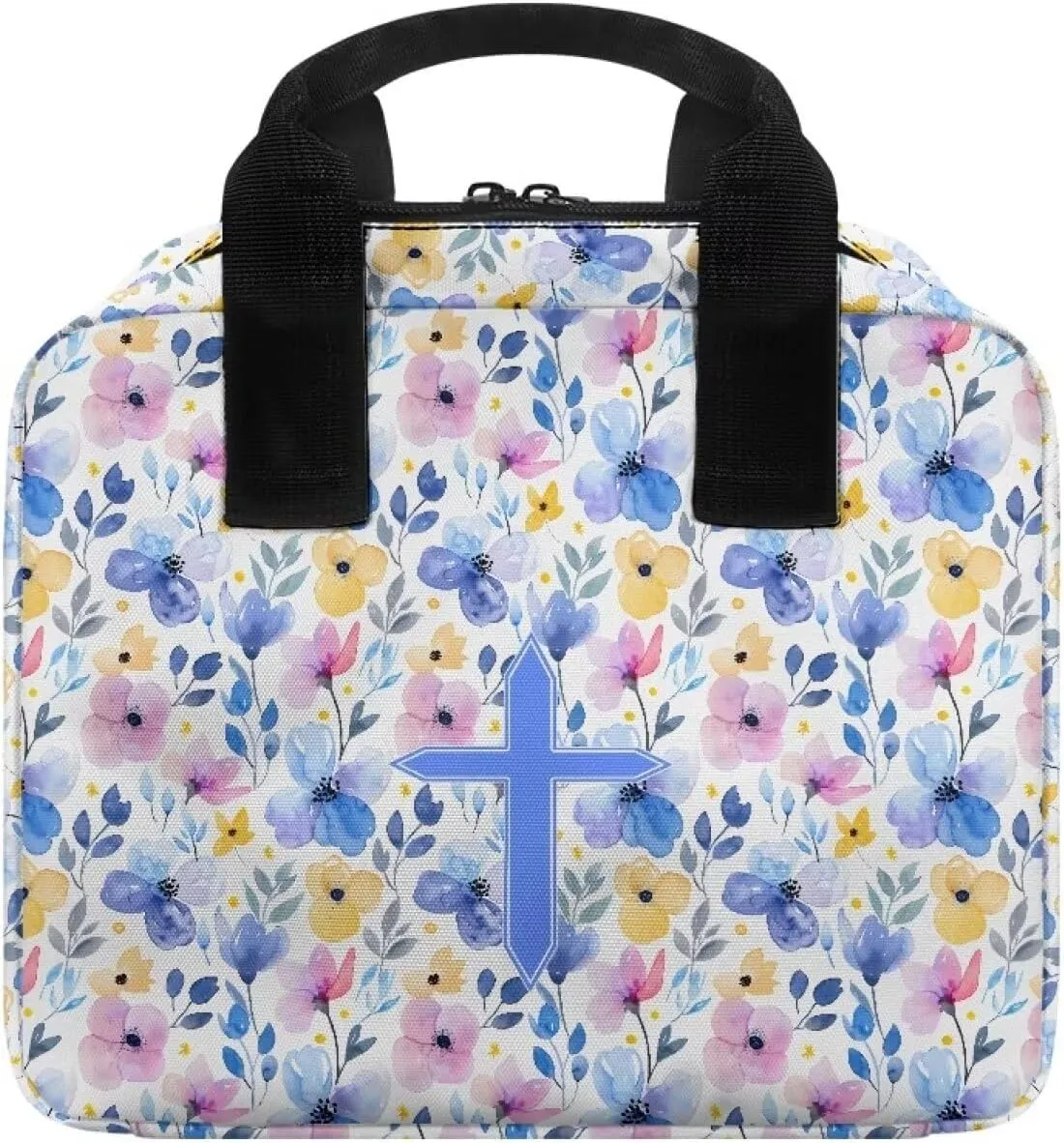Portable Bible Bag for Women Men with Multi-Pocket Bible Carrying Case Church Bible Protective Bag for Worship or Bible Study, Blue Cross Floral Leaves Pattern