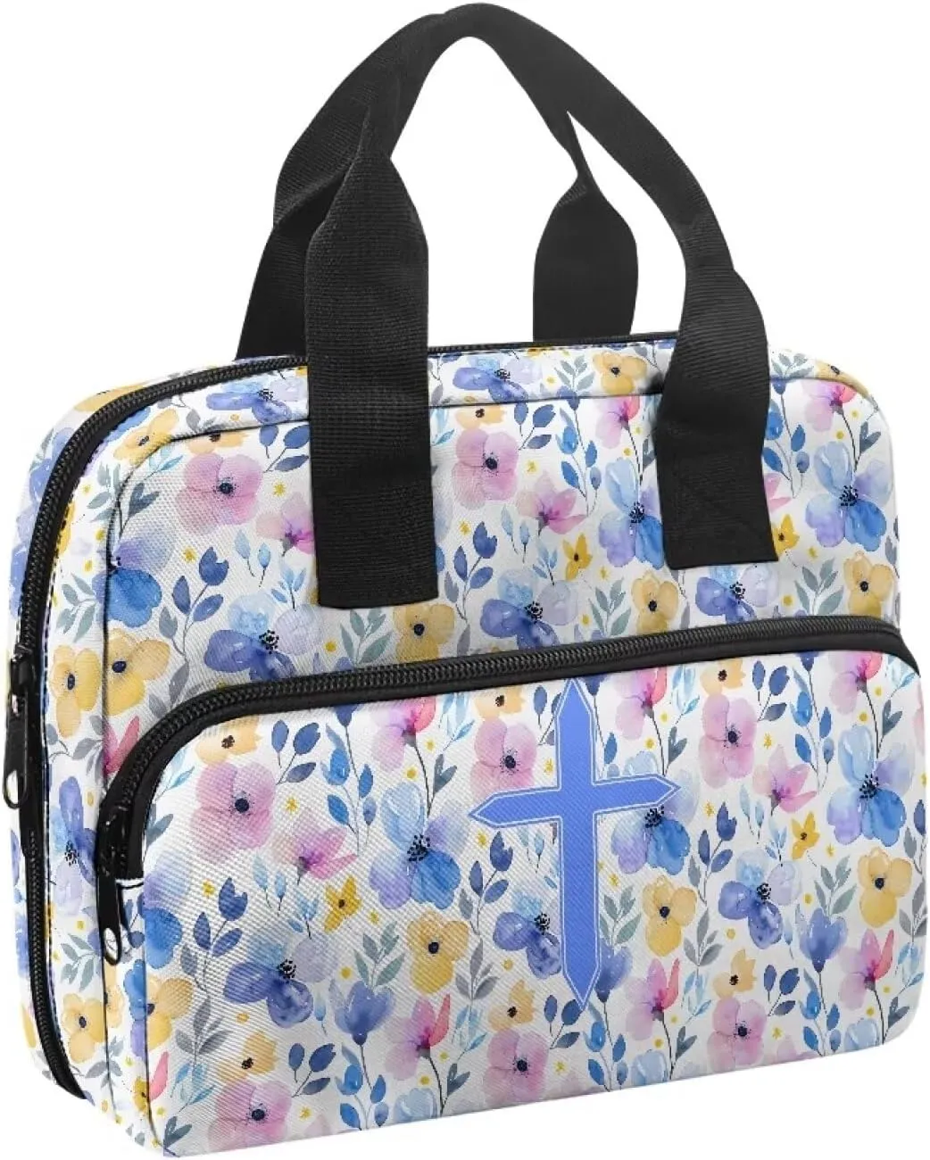 Portable Bible Bag for Women Men with Multi-Pocket Bible Carrying Case Church Bible Protective Bag for Worship or Bible Study, Blue Cross Floral Leaves Pattern