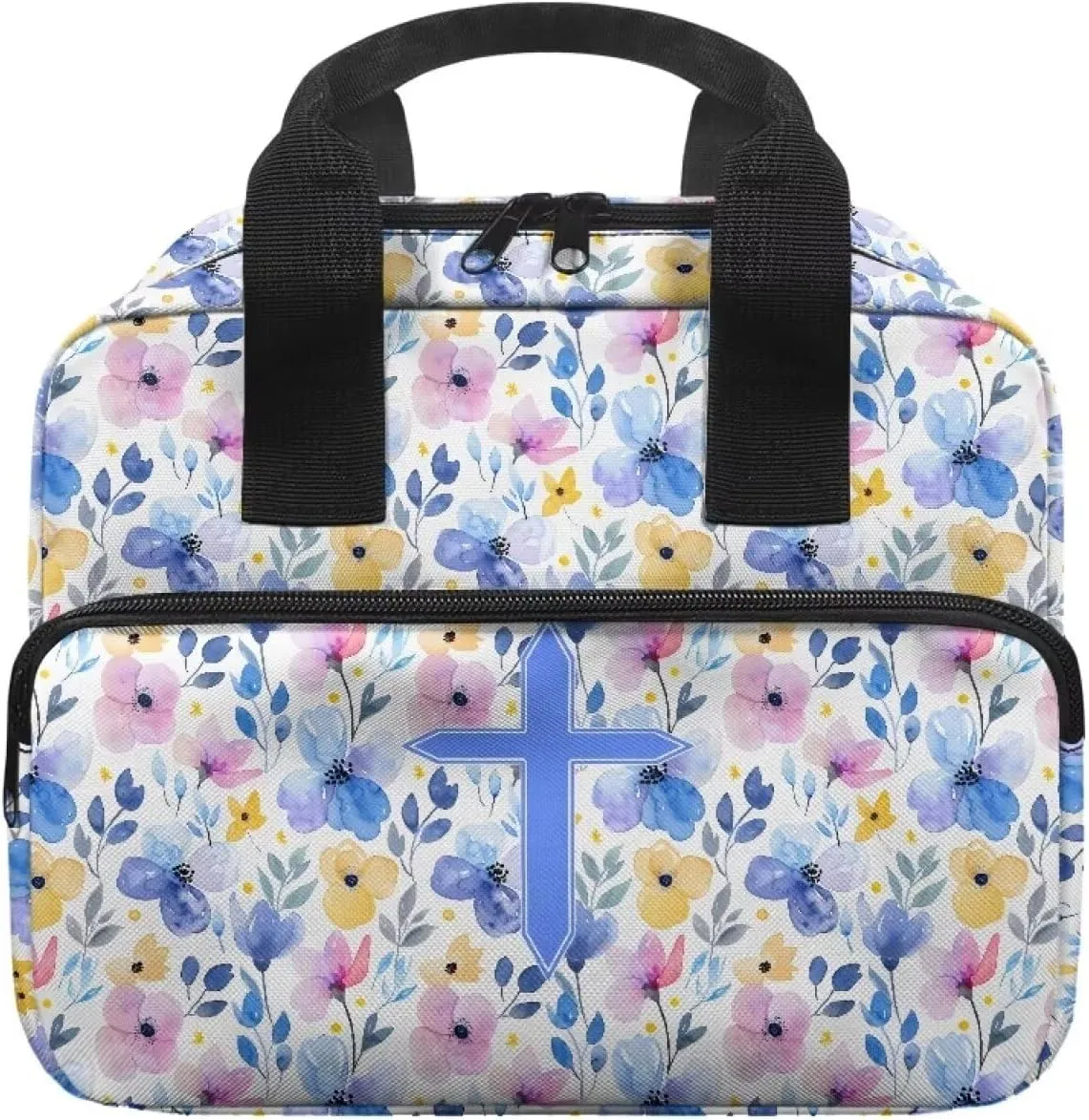 Portable Bible Bag for Women Men with Multi-Pocket Bible Carrying Case Church Bible Protective Bag for Worship or Bible Study, Blue Cross Floral Leaves Pattern