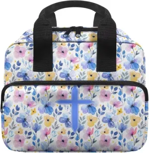 Portable Bible Bag for Women Men with Multi-Pocket Bible Carrying Case Church Bible Protective Bag for Worship or Bible Study, Blue Cross Floral Leaves Pattern