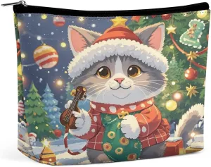 Portable Makeup Bag, Travel Cosmetic Bags,Water-resistant Toiletry Bag Cute Cat Sing Christmas Carols Makeup Organizer Bag for Women