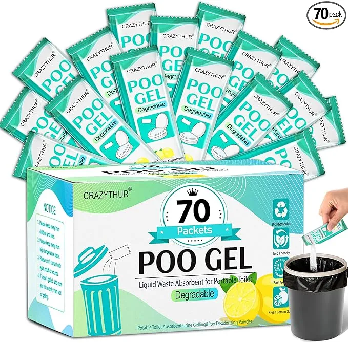 Portable Poo Poo Gel, 70 Packets Camp Toilet Portable Gel, Portable Toilet Camp Gel with Lemon Scent, Camp Toilets with Gel, Eco Gel for Portable Toilet for Outdoor Hiking and Camping