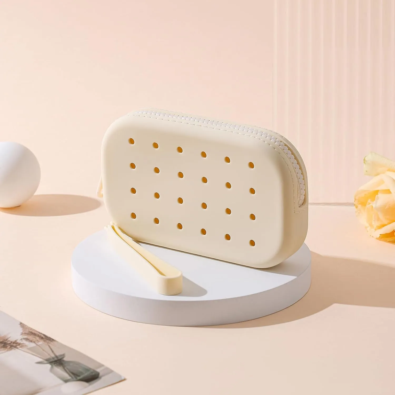 Portable Silicone Makeup Bag for Women, Small Travel Toiletry Cosmetic Bag with Decorative Holes, Zipper Closure Organizer Makeup Case with Handle (Milky White)