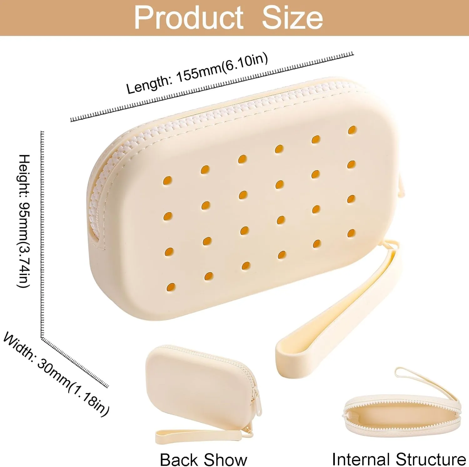 Portable Silicone Makeup Bag for Women, Small Travel Toiletry Cosmetic Bag with Decorative Holes, Zipper Closure Organizer Makeup Case with Handle (Milky White)