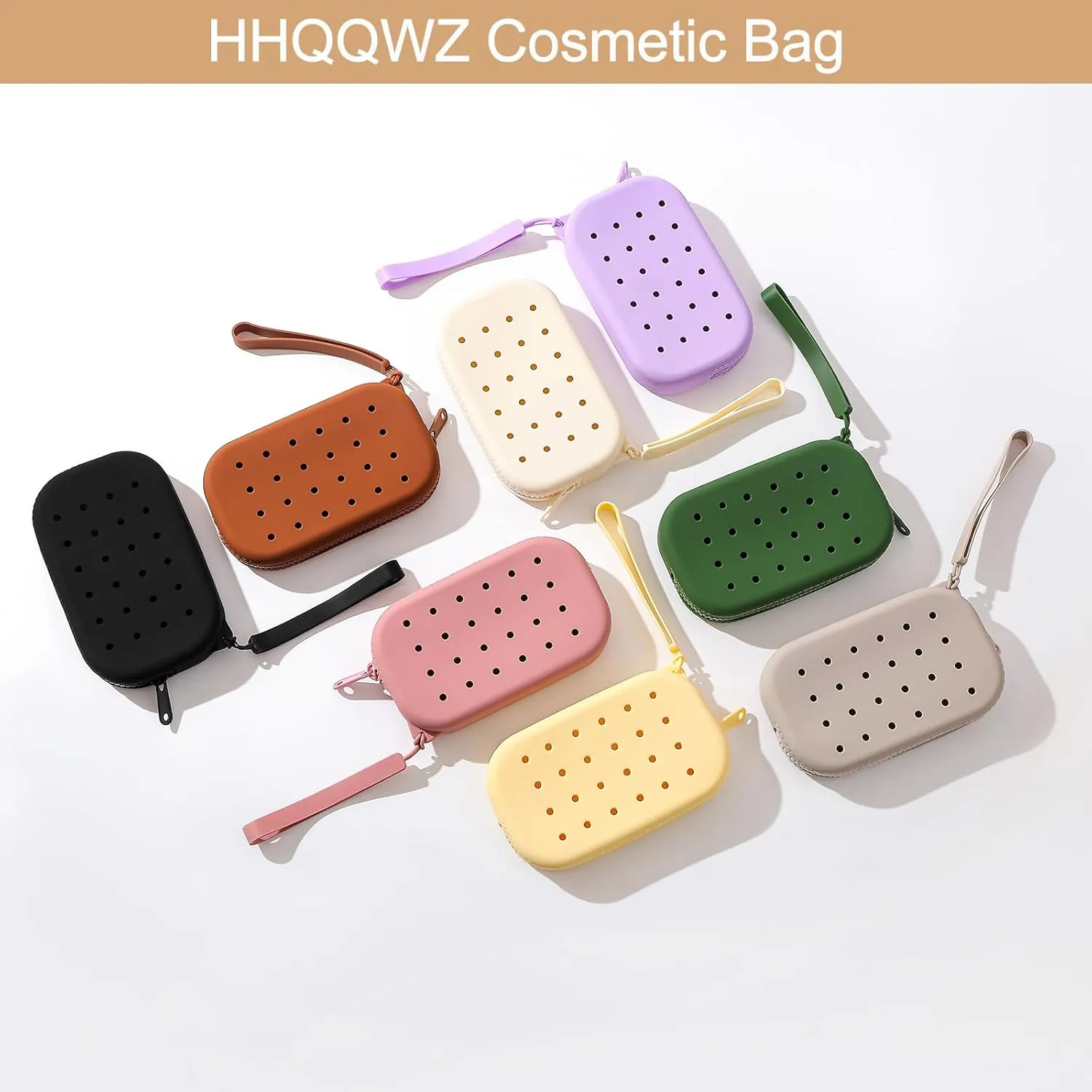 Portable Silicone Makeup Bag for Women, Small Travel Toiletry Cosmetic Bag with Decorative Holes, Zipper Closure Organizer Makeup Case with Handle (Milky White)