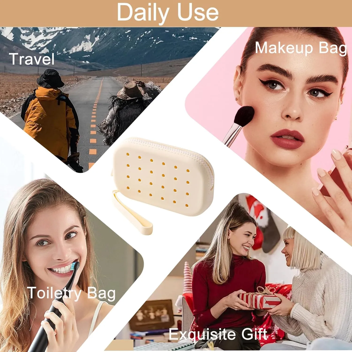 Portable Silicone Makeup Bag for Women, Small Travel Toiletry Cosmetic Bag with Decorative Holes, Zipper Closure Organizer Makeup Case with Handle (Milky White)