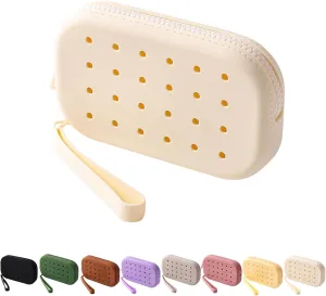 Portable Silicone Makeup Bag for Women, Small Travel Toiletry Cosmetic Bag with Decorative Holes, Zipper Closure Organizer Makeup Case with Handle (Milky White)