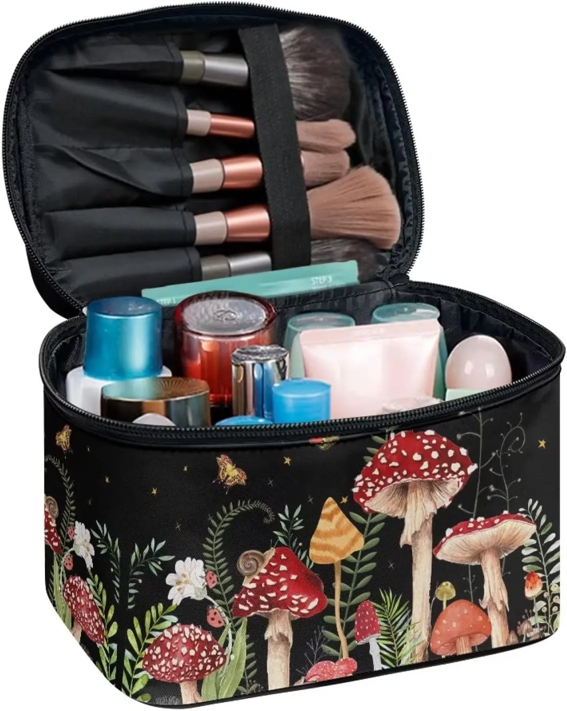 Portable Toiletry Bag Mushroom Snail Moth Floral Galaxy Black Make Up Case Bag Casual Cosmetic Storage Bag with Handle for Women
