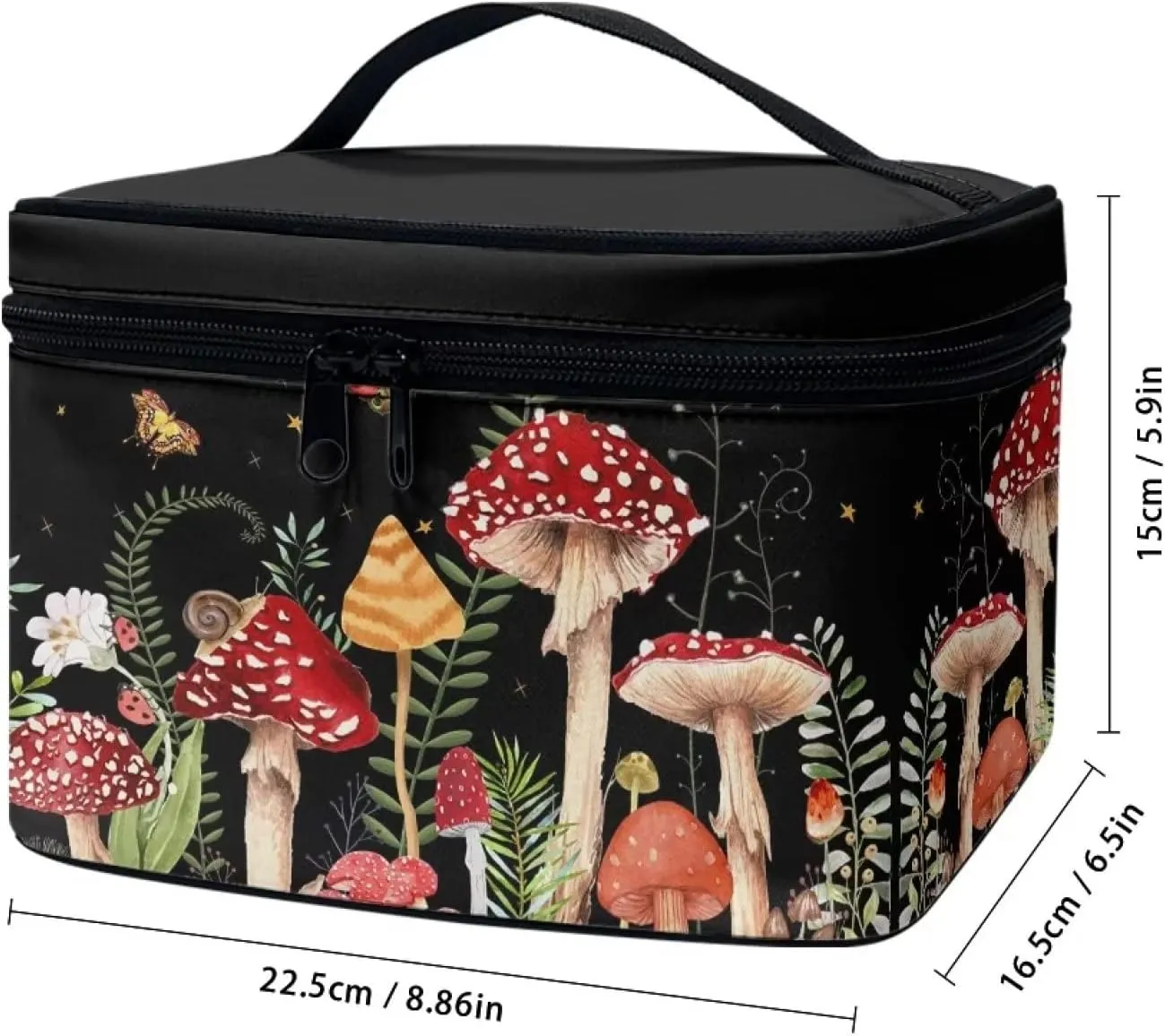 Portable Toiletry Bag Mushroom Snail Moth Floral Galaxy Black Make Up Case Bag Casual Cosmetic Storage Bag with Handle for Women