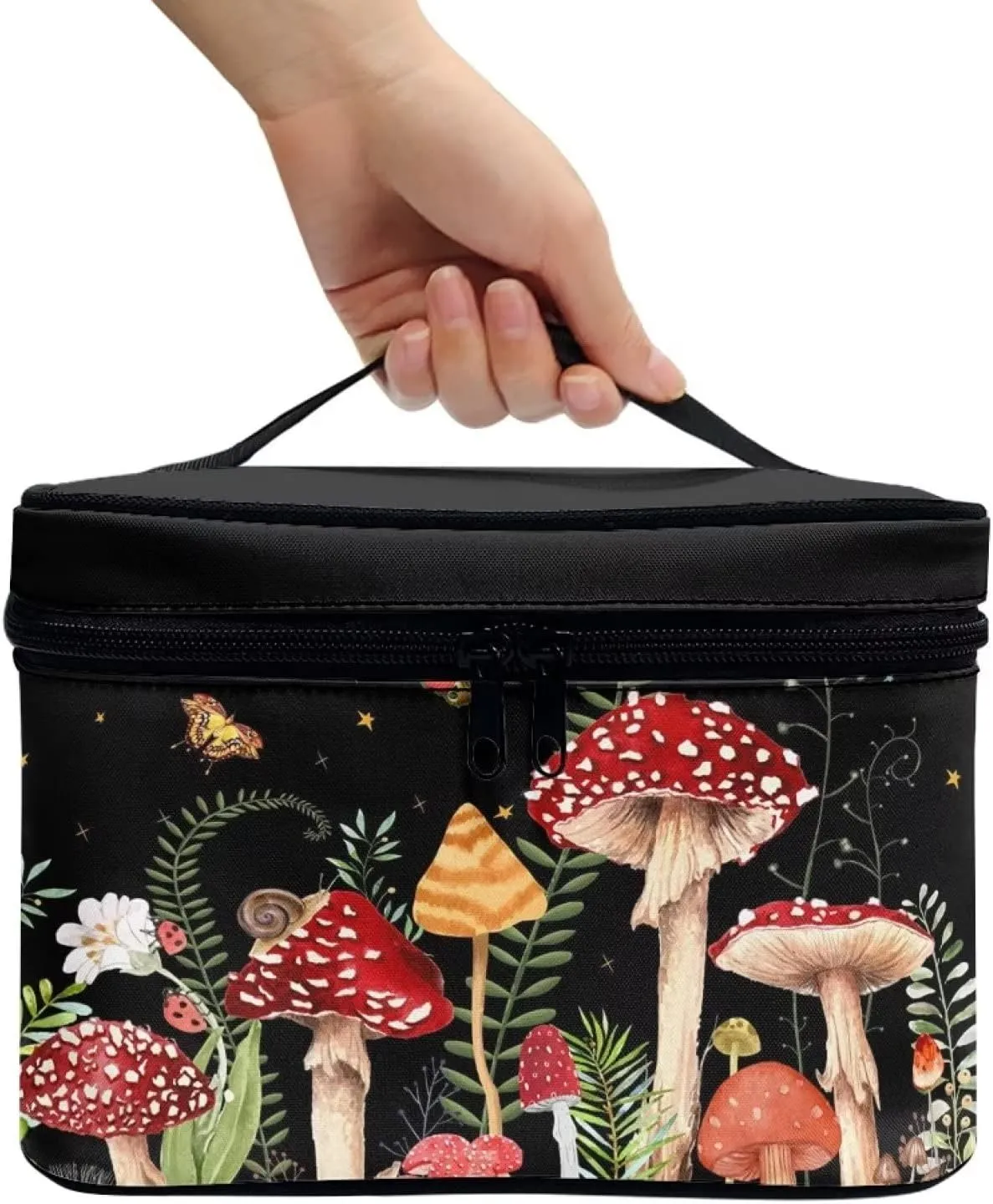 Portable Toiletry Bag Mushroom Snail Moth Floral Galaxy Black Make Up Case Bag Casual Cosmetic Storage Bag with Handle for Women