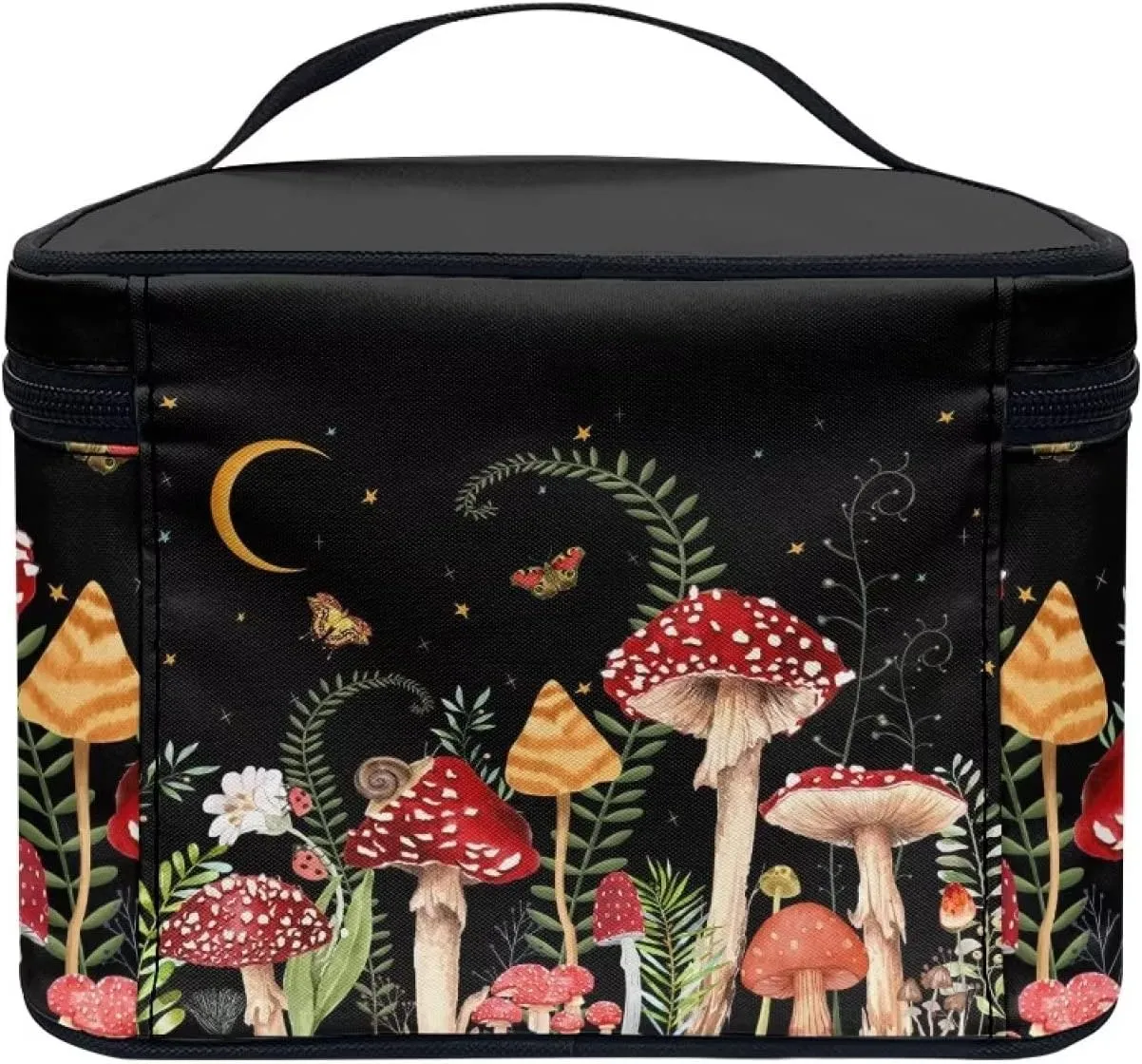 Portable Toiletry Bag Mushroom Snail Moth Floral Galaxy Black Make Up Case Bag Casual Cosmetic Storage Bag with Handle for Women