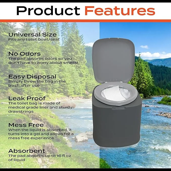 PrepWell Disposable Toilet Bags with Super Absorbent Pad (20 Count)-Leak Resistant-Universal Size Fits Any Portable Toilet or Bucket- Eliminates Odors- Great for Outdoors and Emergencies