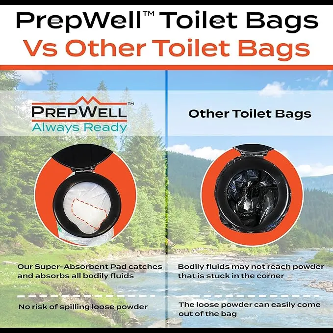 PrepWell Disposable Toilet Bags with Super Absorbent Pad (20 Count)-Leak Resistant-Universal Size Fits Any Portable Toilet or Bucket- Eliminates Odors- Great for Outdoors and Emergencies