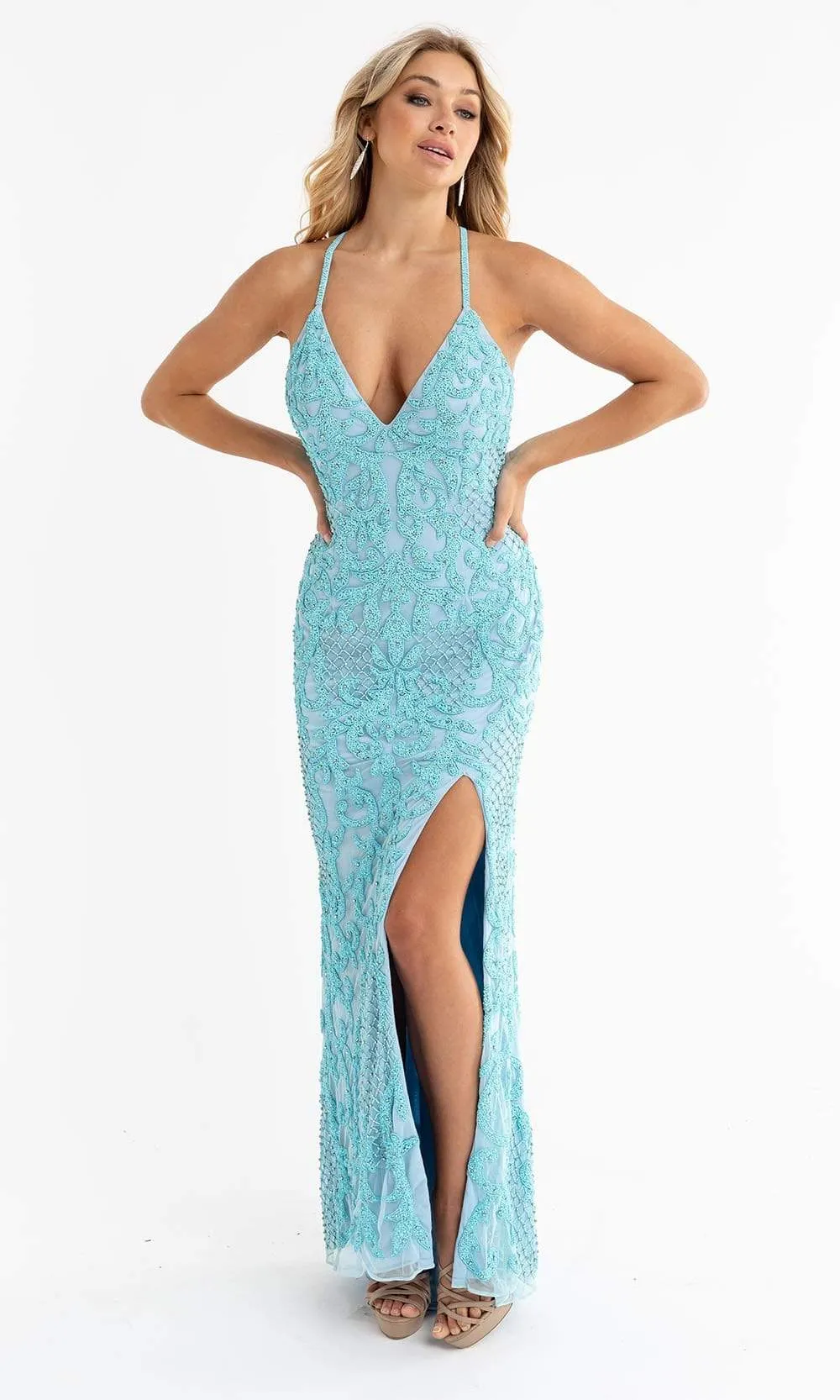 Primavera Couture - 3721 Beaded V-Neck With Slit Gown