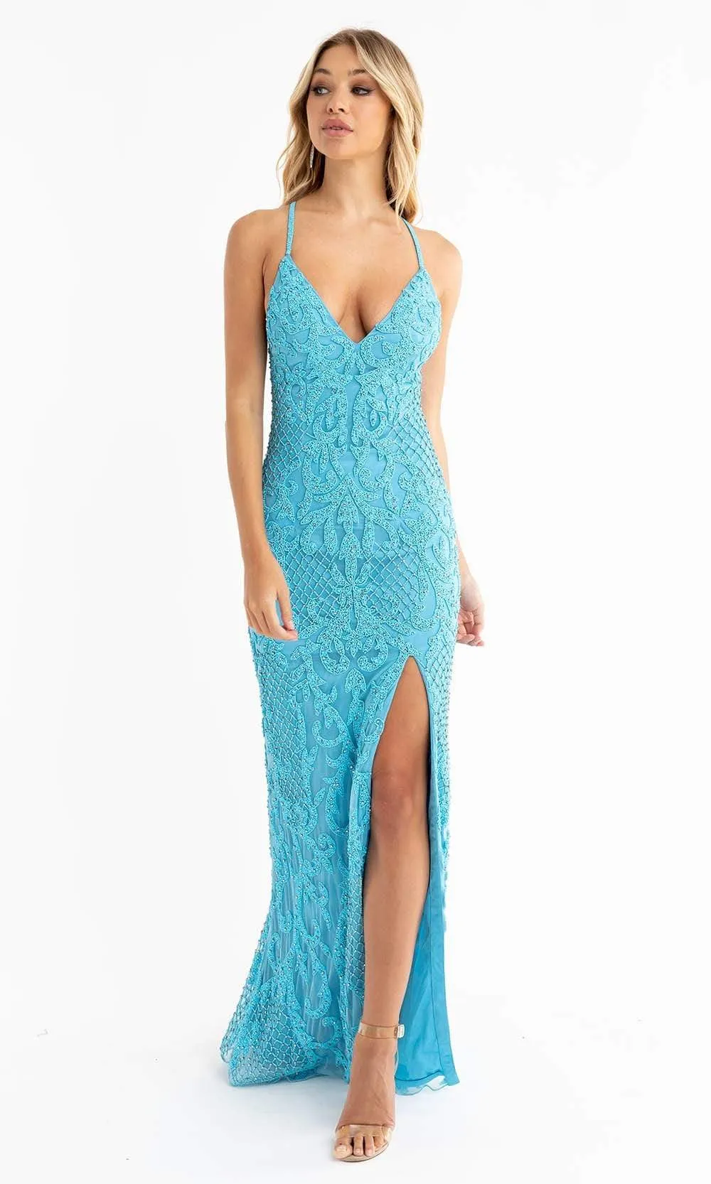 Primavera Couture - 3721 Beaded V-Neck With Slit Gown