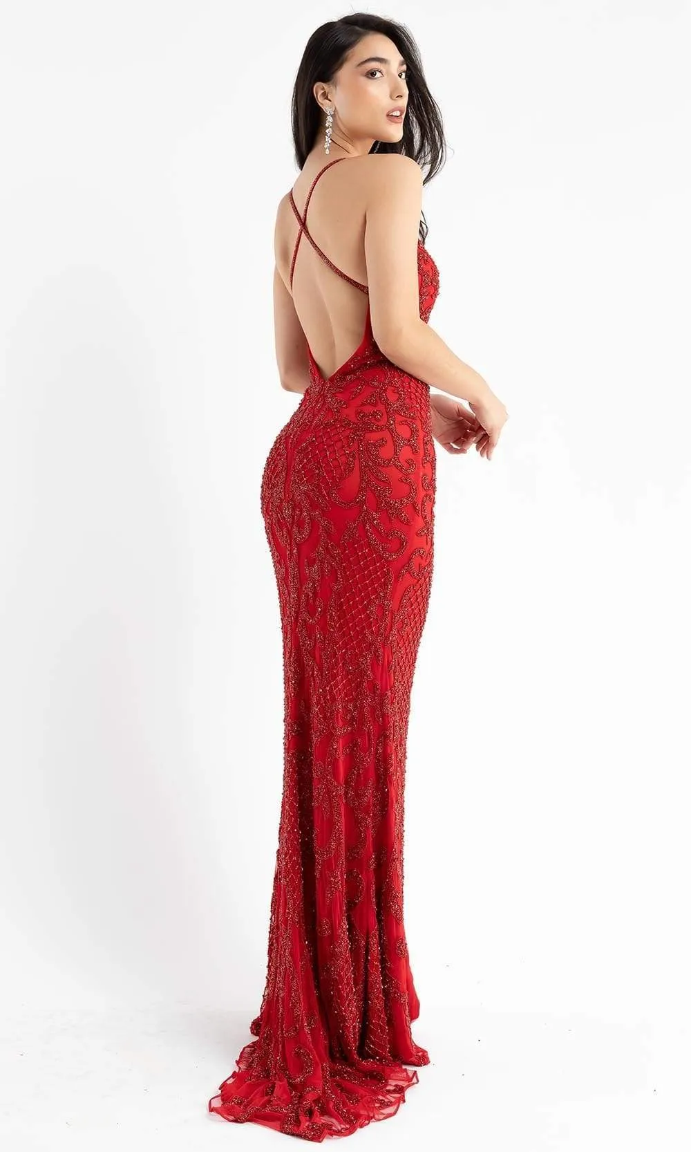 Primavera Couture - 3721 Beaded V-Neck With Slit Gown