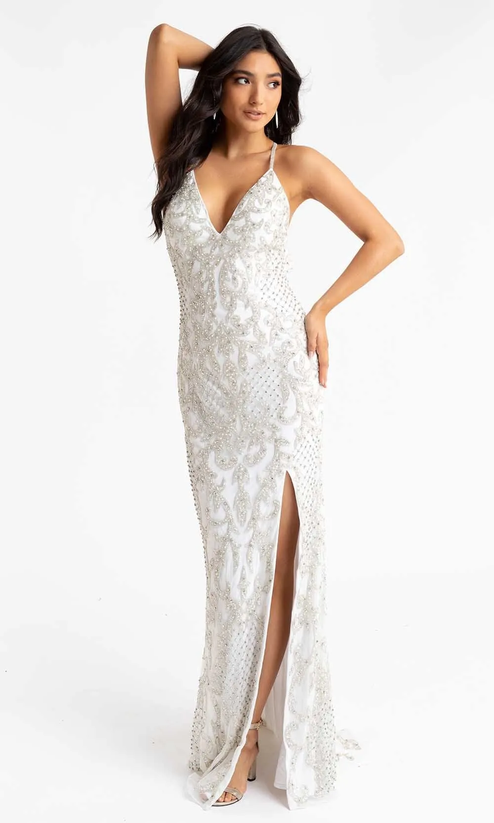 Primavera Couture - 3721 Beaded V-Neck With Slit Gown
