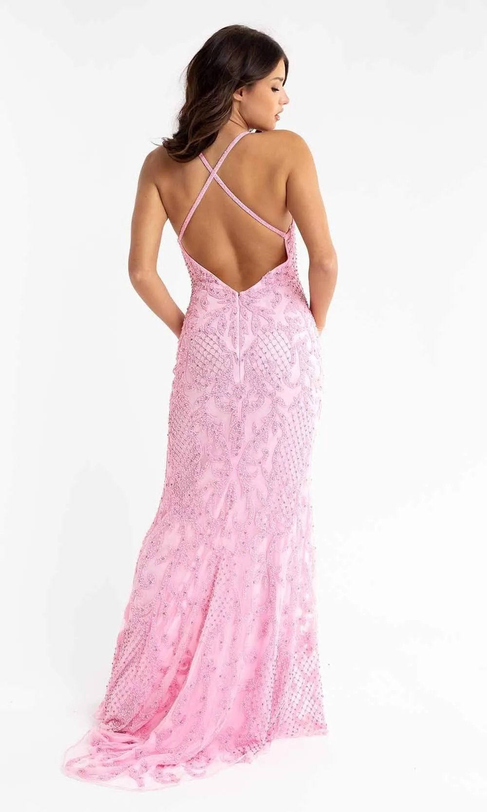 Primavera Couture - 3721 Beaded V-Neck With Slit Gown