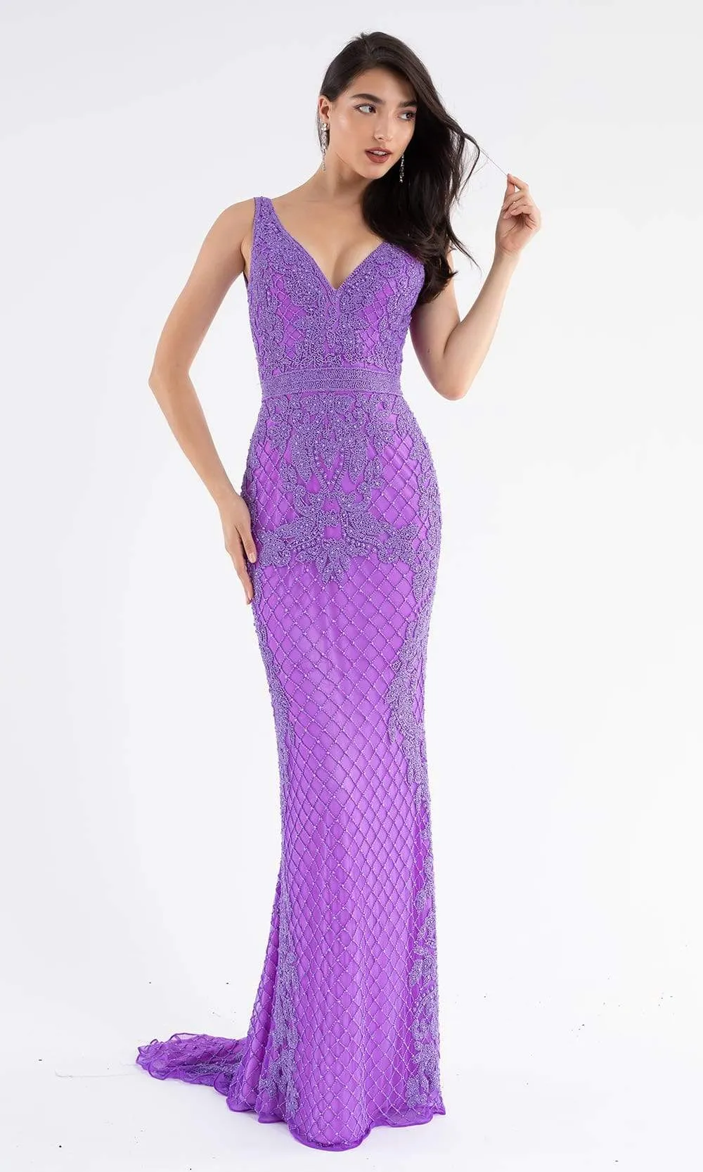 Primavera Couture - 3741 V-Neck Beaded Lace Long Gown