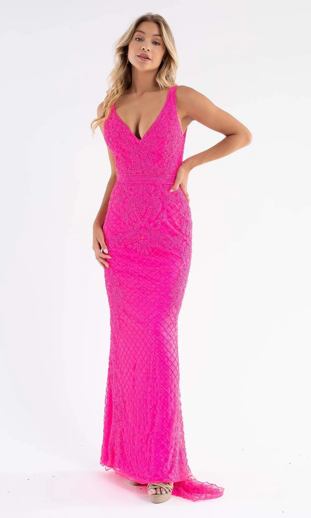 Primavera Couture - 3741 V-Neck Beaded Lace Long Gown