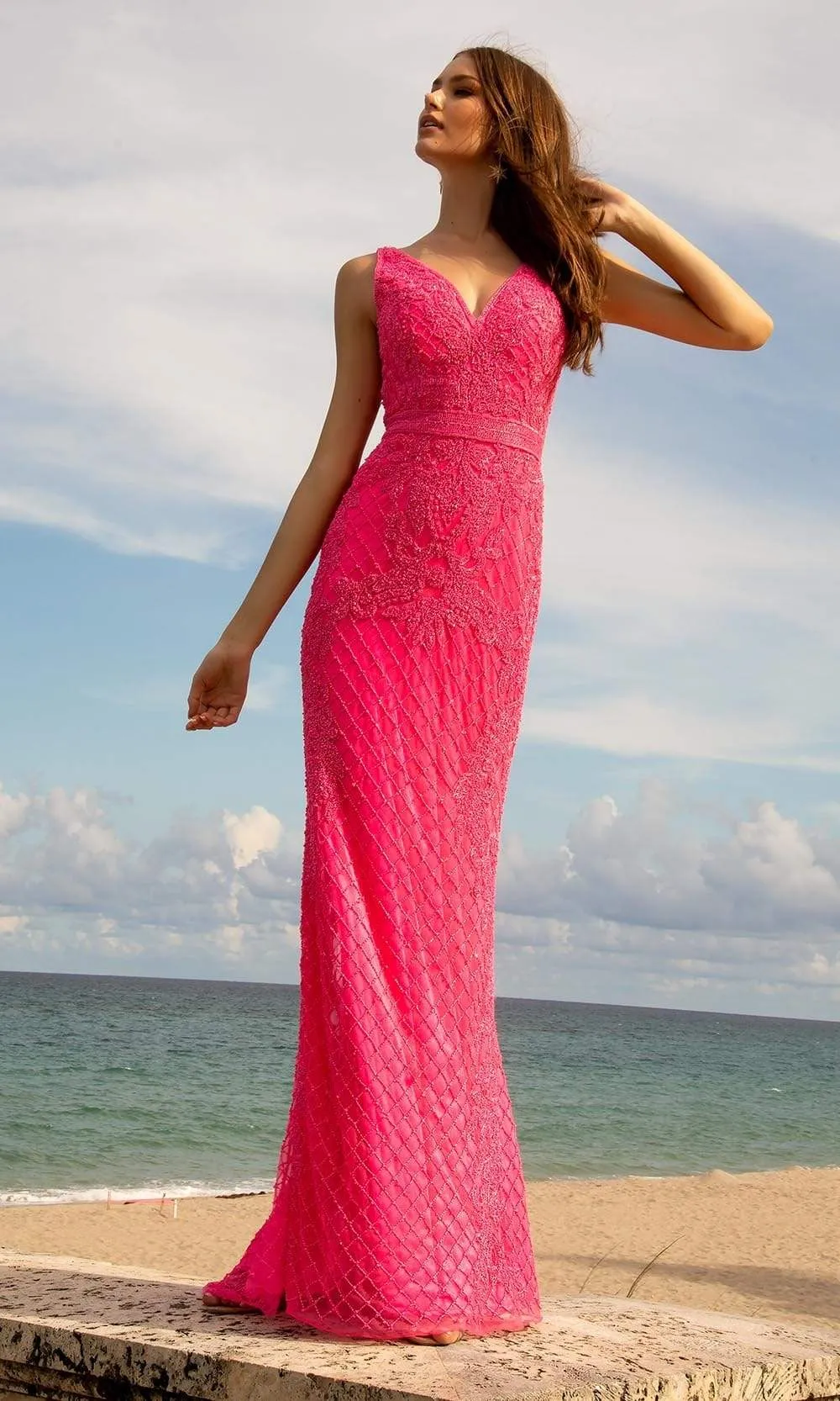 Primavera Couture - 3741 V-Neck Beaded Lace Long Gown