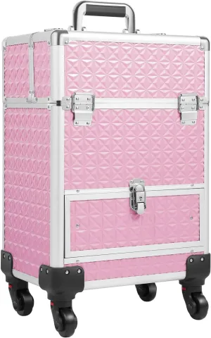 Professional Makeup Rolling Case, Aluminum Alloy Cosmetic Train Case with Swivel Wheels, Portable Salon Barber Trolley Case for Make-up Artists, Hairdressers, Nail, Pink