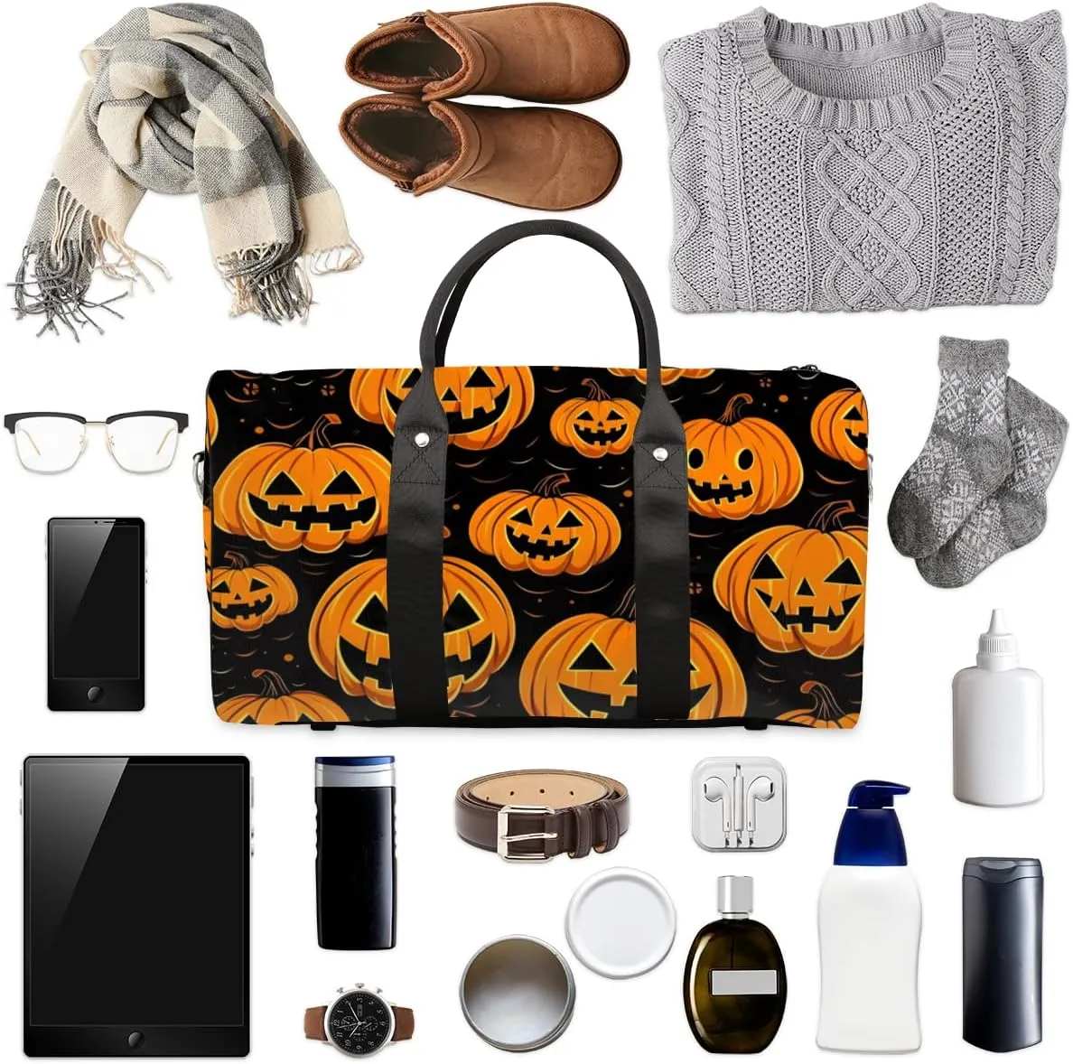 Pumpkin Retro Travel Duffle Bag for Women Men Gym Duffel Foldable Bag Waterproof Weekender Cartoon Halloween Duffle Tote