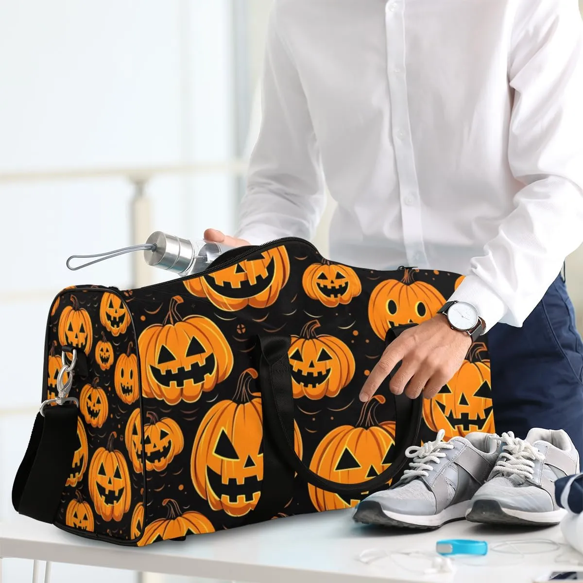 Pumpkin Retro Travel Duffle Bag for Women Men Gym Duffel Foldable Bag Waterproof Weekender Cartoon Halloween Duffle Tote