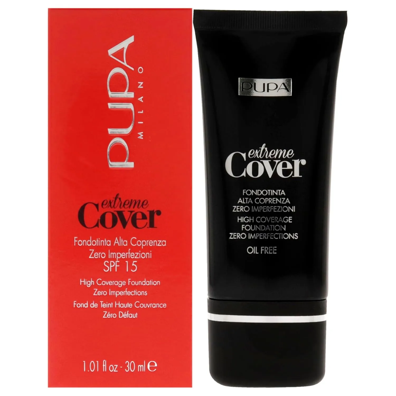 PUPA Milano Extreme Cover Foundation SPF 15 - High Coverage - Corrects Skin Spots And Dyschromia - Highly-Pigmented Texture - Floral -Fragrance - 010 Alabaster - 1.01 Oz, (PUP091002)