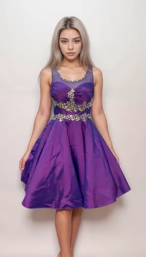 Purple Fit & Flare Dress – Floral Appliqué & Mesh Bodice - prom dress