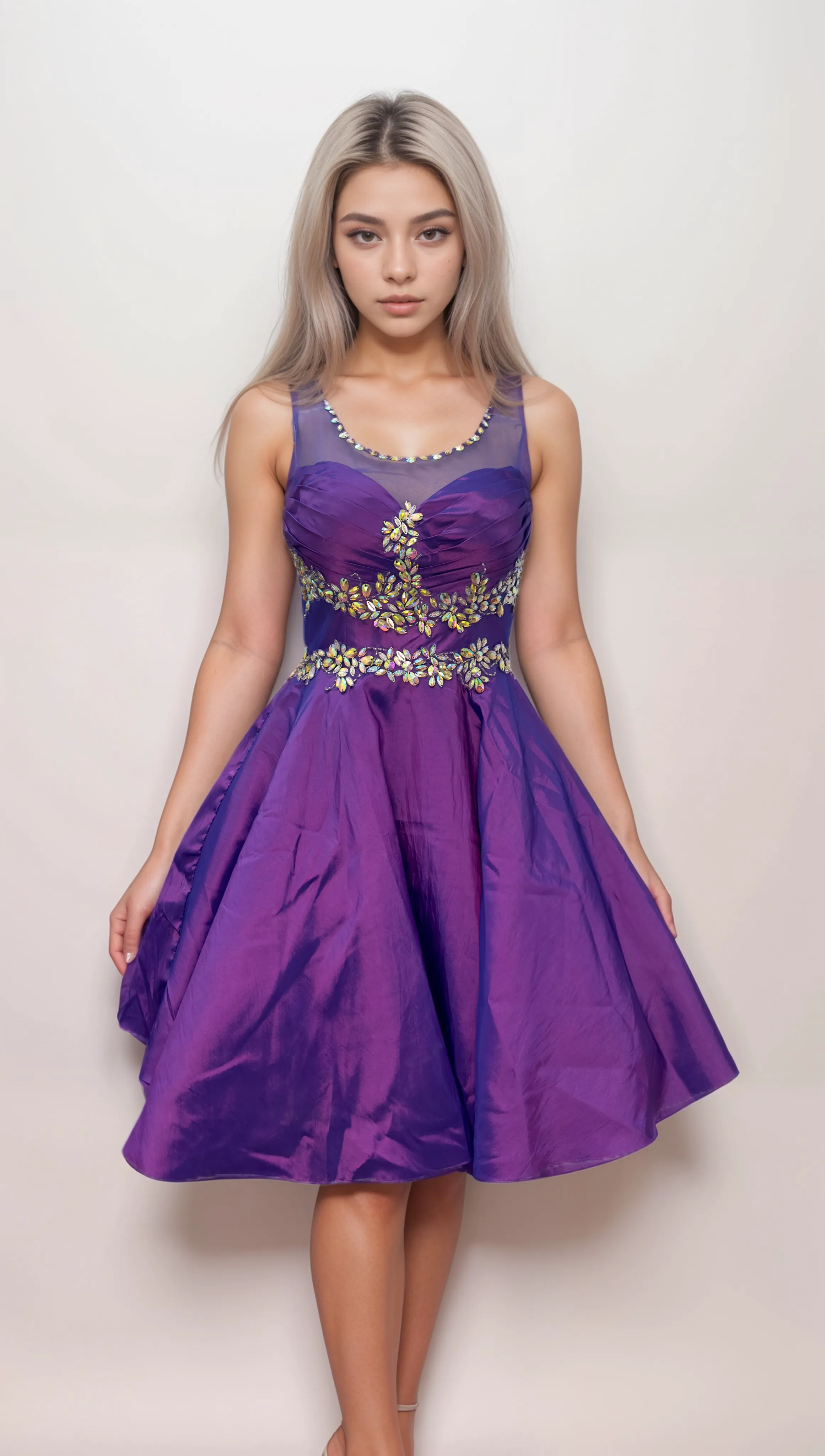 Purple Fit & Flare Dress – Floral Appliqué & Mesh Bodice - prom dress