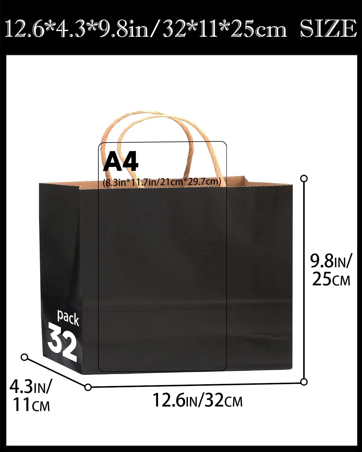 qiqee 13"x4.5"x10" Large Gift Bag with Handles Bulk 100PCS Gift Paper Bags Black Bags Multiple Uses (Wide Large)
