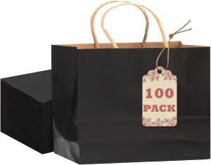 qiqee 13"x4.5"x10" Large Gift Bag with Handles Bulk 100PCS Gift Paper Bags Black Bags Multiple Uses (Wide Large)