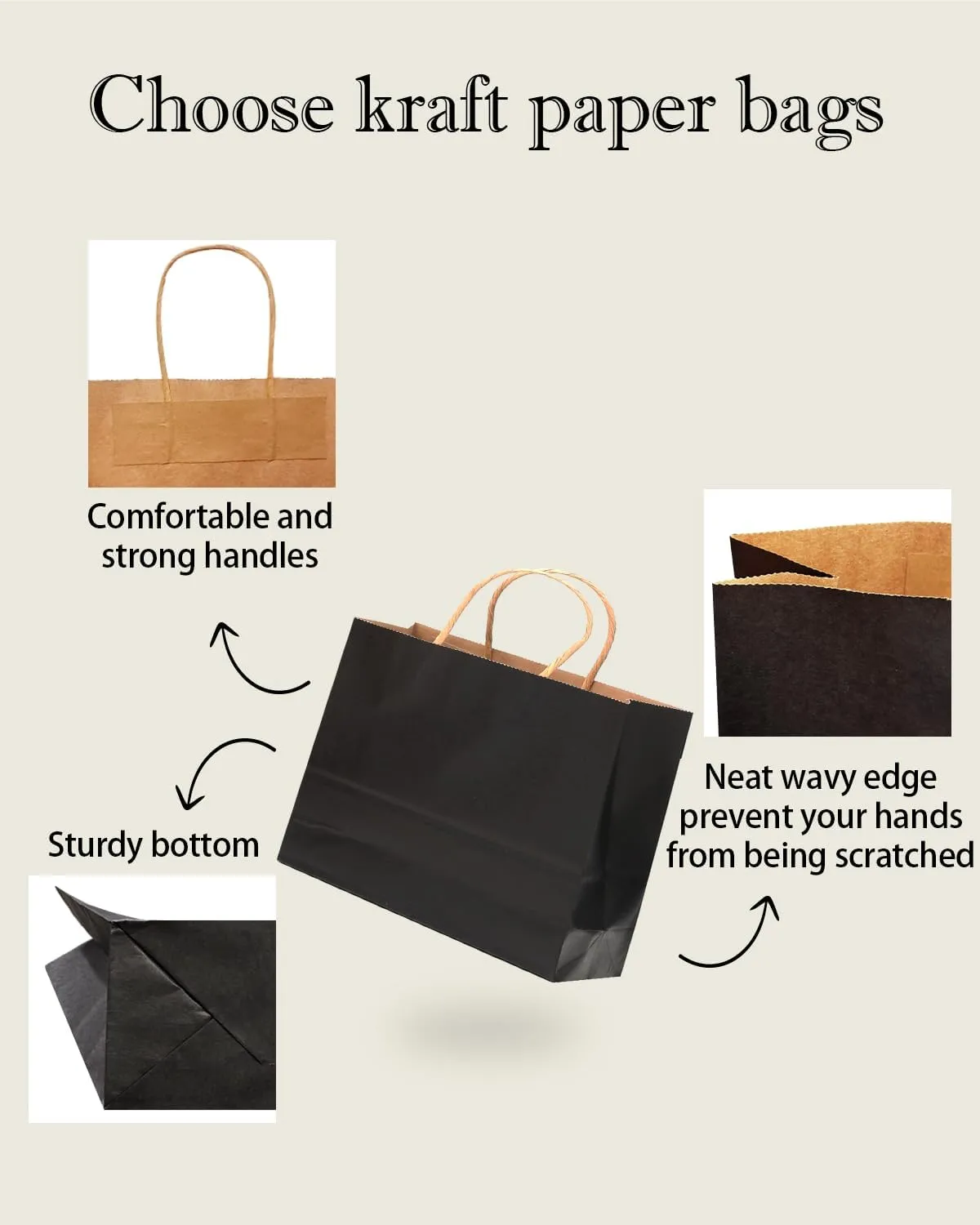 qiqee 13"x4.5"x10" Large Gift Bag with Handles Bulk 100PCS Gift Paper Bags Black Bags Multiple Uses (Wide Large)