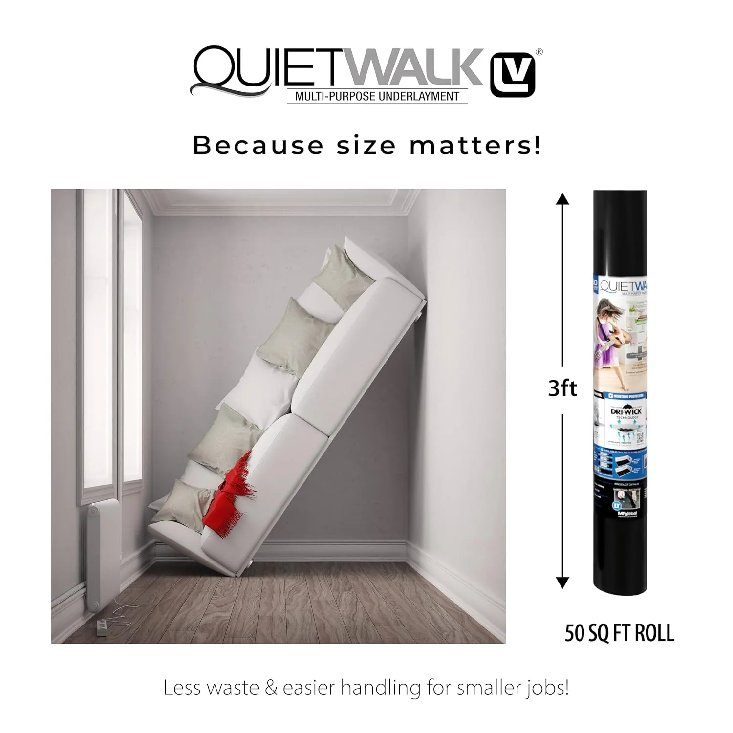 QuietWalk LV Luxury Vinyl, Laminate, or Wood Underlayment (Float, Glue, or Nail) w/Vapor Barrier- Sound Reduction, Compression Resistant, Moisture Protection 3'x16'7" Roll (Covers 50 sf) QW50LV