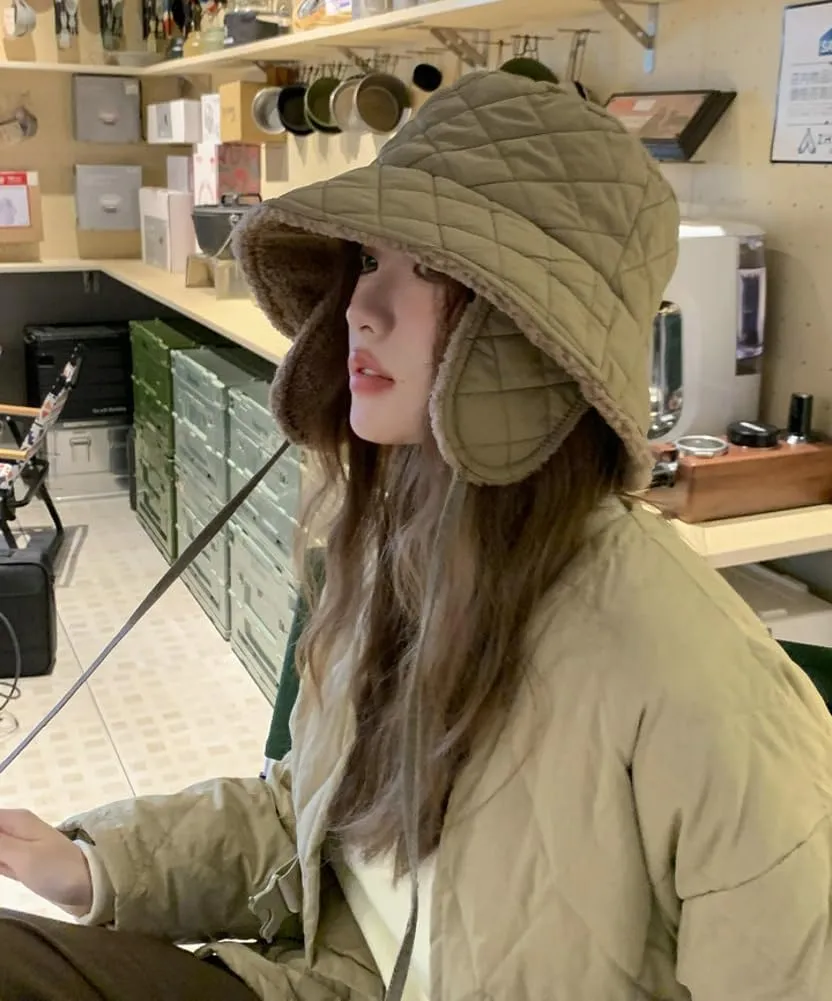Quilted Bucket Hat Winter Warm Hat for Woman Down Padding Bucket Cap Fishing Hat Thick Plush Earflap Fisherman Bucket Hats