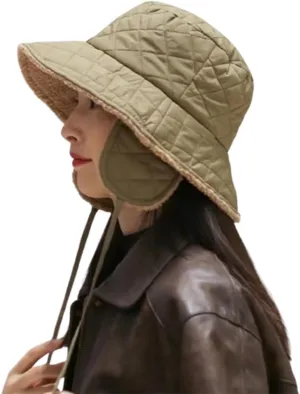 Quilted Bucket Hat Winter Warm Hat for Woman Down Padding Bucket Cap Fishing Hat Thick Plush Earflap Fisherman Bucket Hats