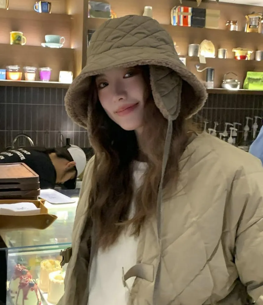 Quilted Bucket Hat Winter Warm Hat for Woman Down Padding Bucket Cap Fishing Hat Thick Plush Earflap Fisherman Bucket Hats