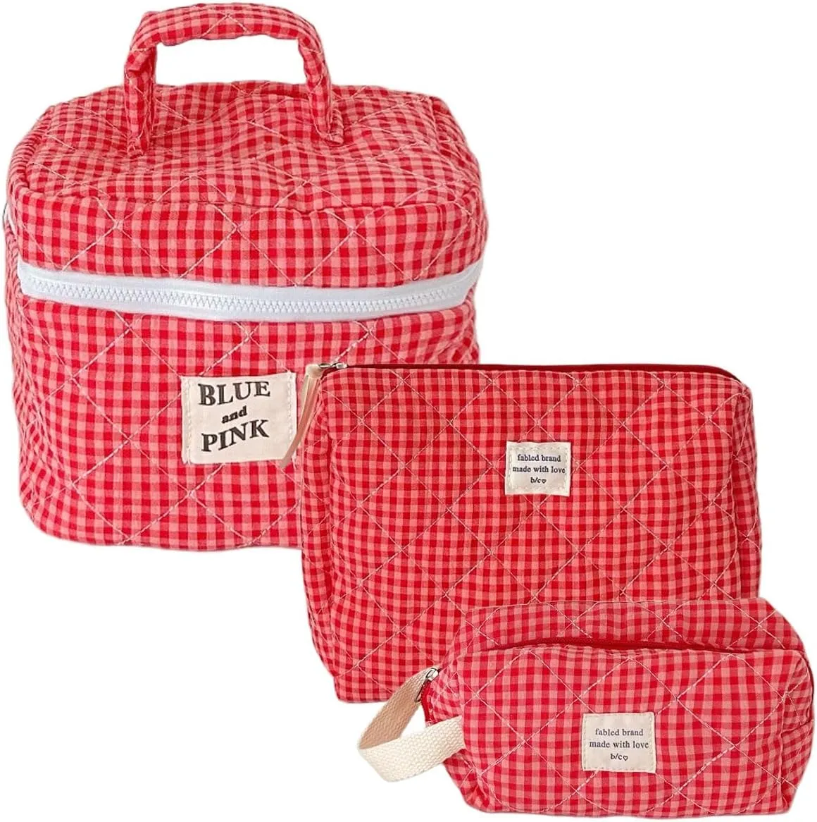 Quilted Large Floral Cosmetic Bag for Women - Cotton Travel Toiletry Set, Aesthetic Cute Flower Makeup Bag