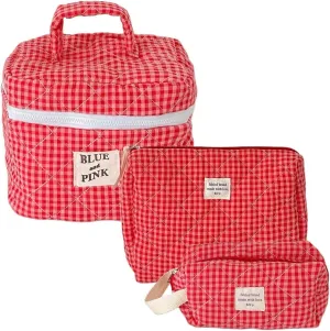 Quilted Large Floral Cosmetic Bag for Women - Cotton Travel Toiletry Set, Aesthetic Cute Flower Makeup Bag