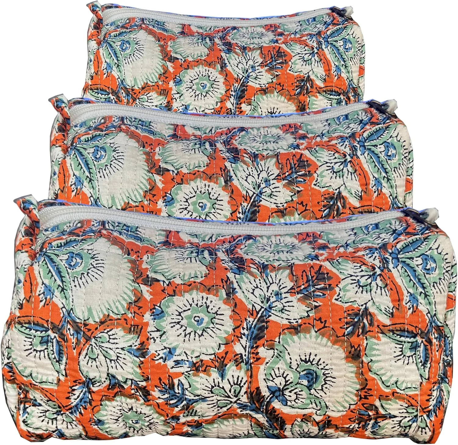 Quilted Makeup Bag, 3 PCS Cotton Large Travel Makeup Bag, Cute Floral Coquette Make up Bag Cosmetic Bag Toiletry Bag for Women Girls Orange