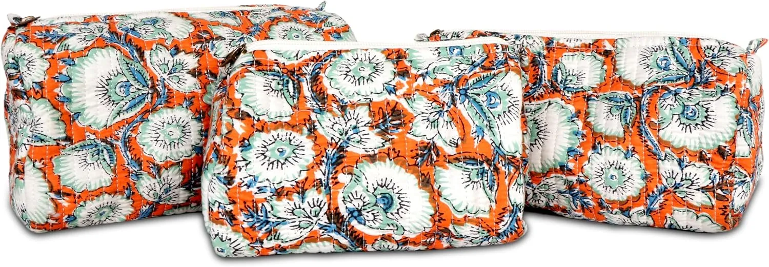 Quilted Makeup Bag, 3 PCS Cotton Large Travel Makeup Bag, Cute Floral Coquette Make up Bag Cosmetic Bag Toiletry Bag for Women Girls Orange