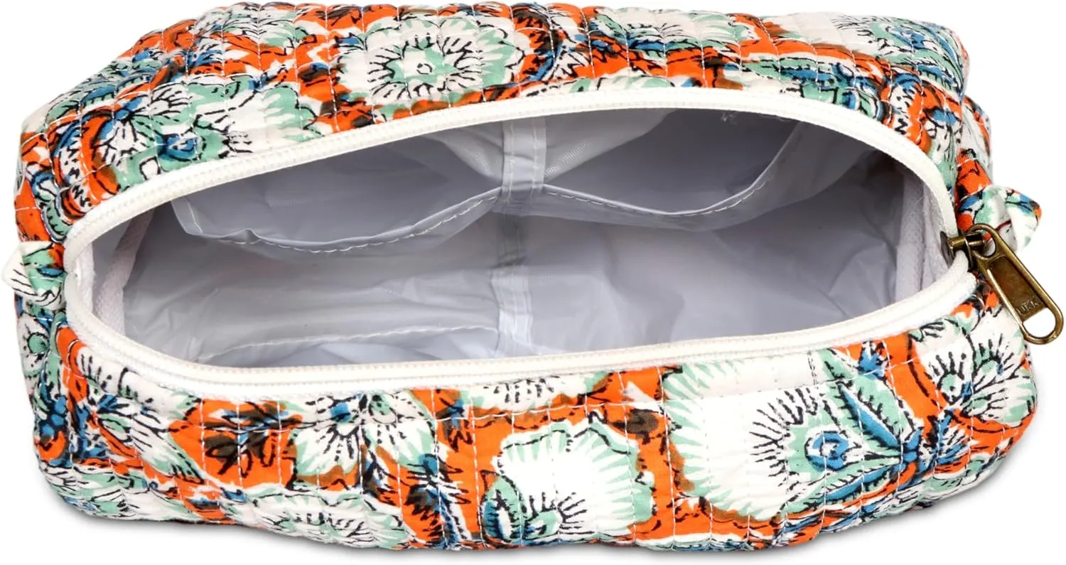 Quilted Makeup Bag, 3 PCS Cotton Large Travel Makeup Bag, Cute Floral Coquette Make up Bag Cosmetic Bag Toiletry Bag for Women Girls Orange